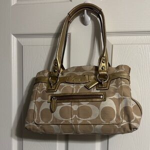 Coach 2008  Cream and Tan Signature Shoulder Bag with Gold Accents